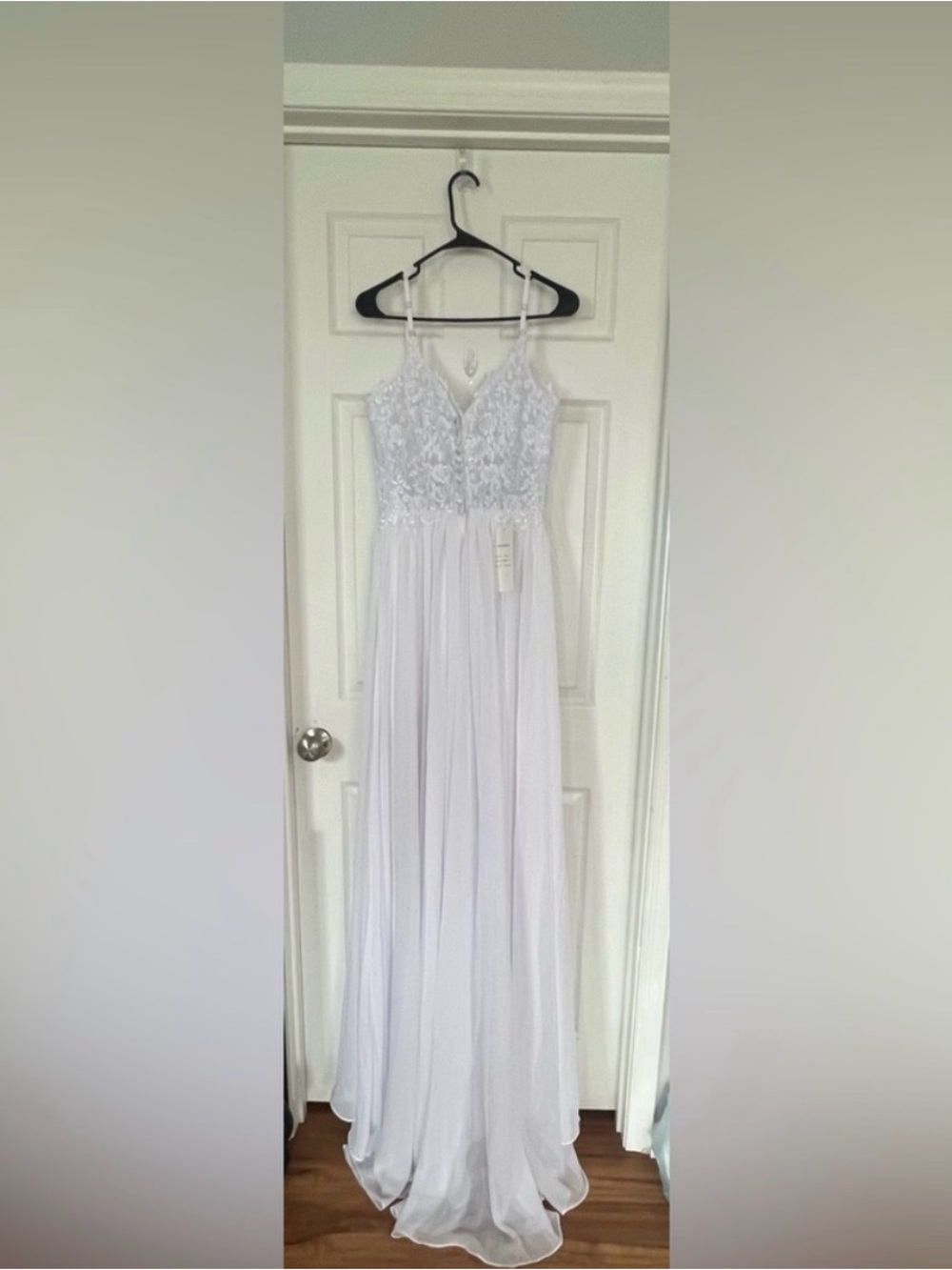 Lace Bodice Spaghetti Strap White Maxi wedding styled Dress with Side Slit - Picture 2 of 3